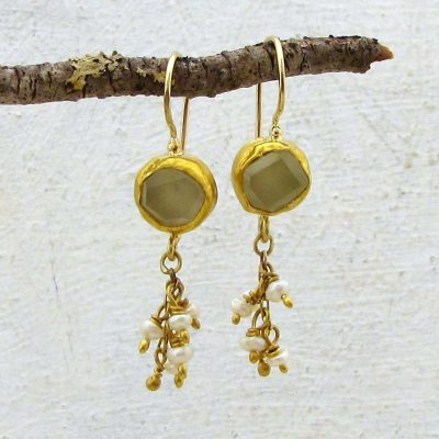 Dangle Pearls and Prehnite 22k gold earrings