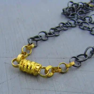 22K Gold cylinder and Silver links necklace