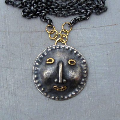Handmade artisan face silver & 14k gold necklace
