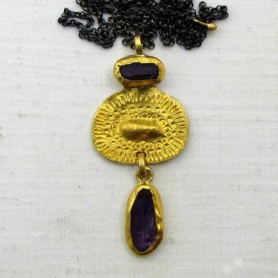Rough Amethyst 24 karat gold pendant & silver necklace