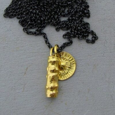 Raw 22k gold tube & coin pendants oxidized silver necklace