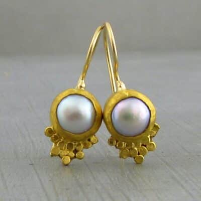 Round Pearl & solid 24k gold dangle earrings