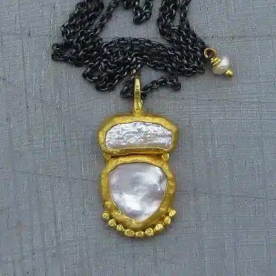 Pearls 24k gold pendant & silver necklace