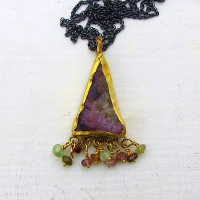 Handcrafted 24k gold rough Tourmaline pendant on silver chain