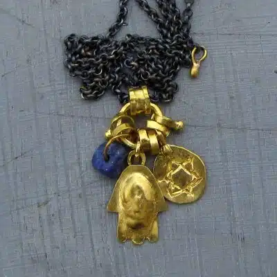 22k gold Hamsa and Star of David medallions necklace