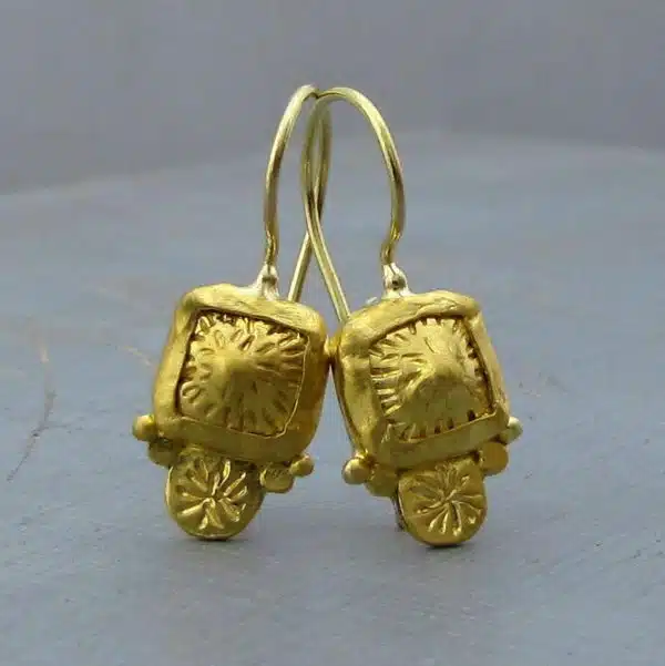 Ancient style dangle 24k gold earrings