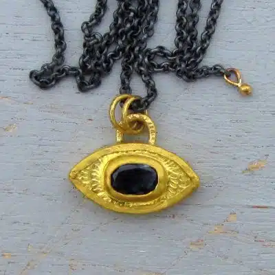 London Blue Topaz Evil Eye 24k gold pendant necklace