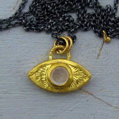 Blue Topaz Evil Eye 24k gold pendant necklace