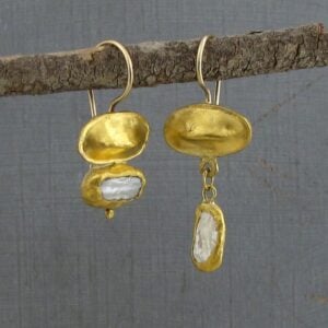 Asymmetrical Pearl & solid 24k gold drop earrings
