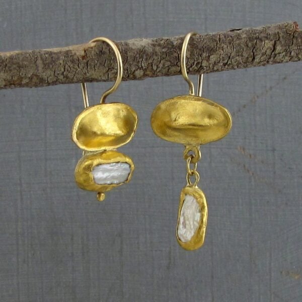 Asymmetrical Pearl & solid 24k gold drop earrings