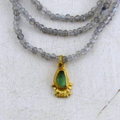 Green Tourmaline & solid 24k gold pendant on Labradorite necklace