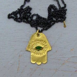 Chrome Diopside 22k gold Hamsa pendant necklace