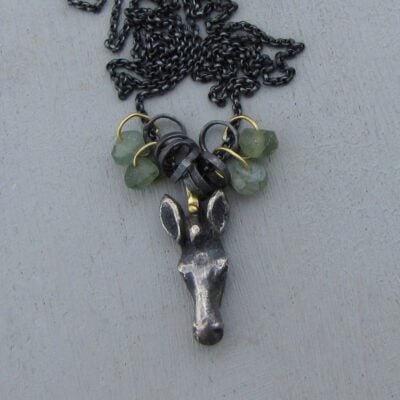 Zebra head, Apatite and 18k gold and silver necklace