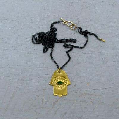 Chrome Diopside 22k gold Hamsa pendant necklace