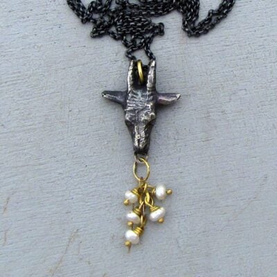 Solid 18k gold necklace with silver Goat head