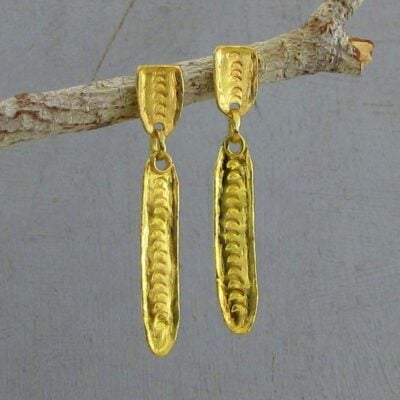 Long textured solid 22k gold dangle stud earrings