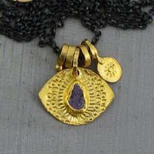 Rough Tanzanite evil eye 22k gold medallion necklace