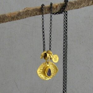 Rough Tanzanite evil eye 22k gold medallion necklace