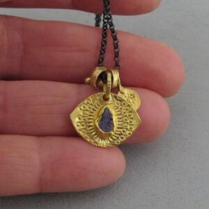 Rough Tanzanite evil eye 22k gold medallion necklace