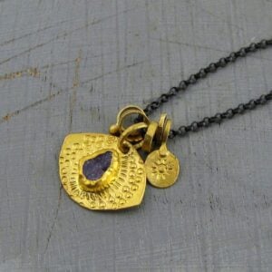 Rough Tanzanite evil eye 22k gold medallion necklace