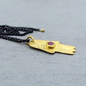 Pink Sapphire 22k gold Hamsa pendant necklace