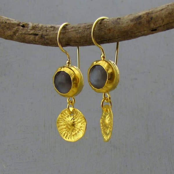 Dangle Gray Moonstone 24k gold earrings