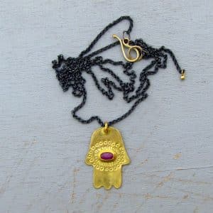 Pink Sapphire 22k gold Hamsa pendant necklace