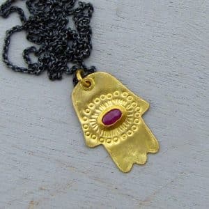 Pink Sapphire 22k gold Hamsa pendant necklace