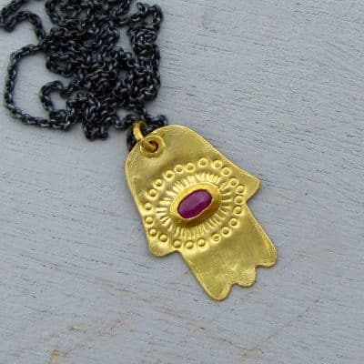 Pink Sapphire 22k gold Hamsa pendant necklace