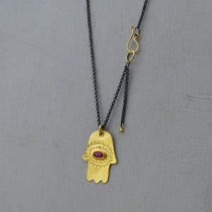 Pink Sapphire 22k gold Hamsa pendant necklace