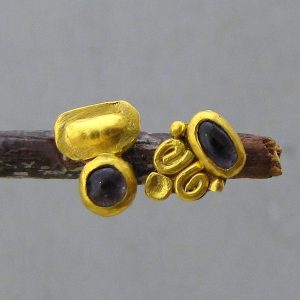 A-Symmetrical Purple Iolite 24k gold stud earrings