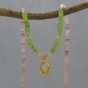 24k gold Strawberry Quartz, Peridot & Prehnite necklace