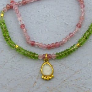24k gold Strawberry Quartz, Peridot & Prehnite necklace