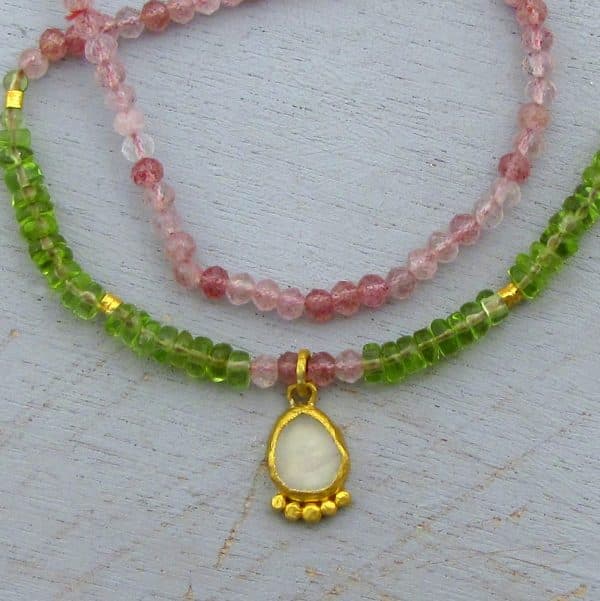 24k gold Strawberry Quartz, Peridot & Prehnite necklace