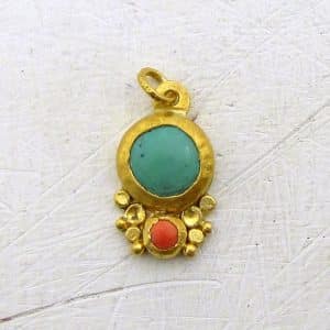 Turquoise Coral 24k Solid Gold Pendant