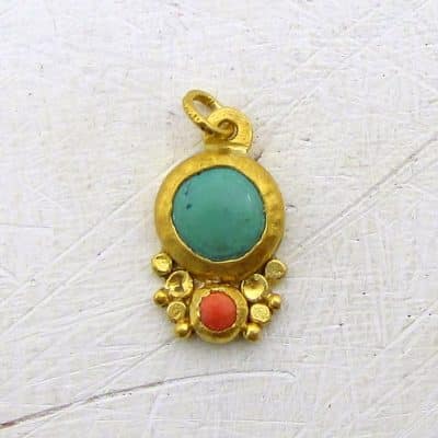 Turquoise Coral 24k Solid Gold Pendant