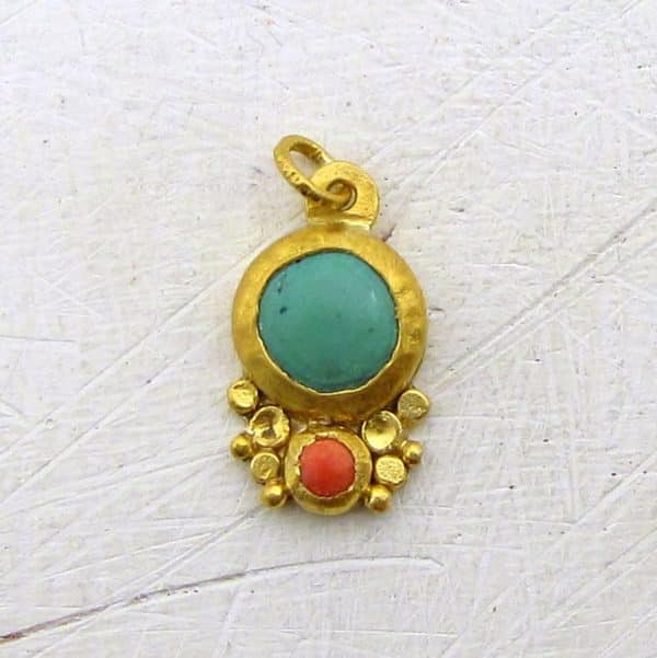 Turquoise Coral 24k Solid Gold Pendant