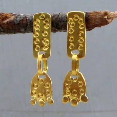 Handmade long 22 karat gold dangle stud earrings