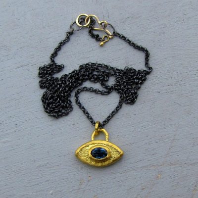 London Blue Topaz Evil Eye 24k gold pendant necklace