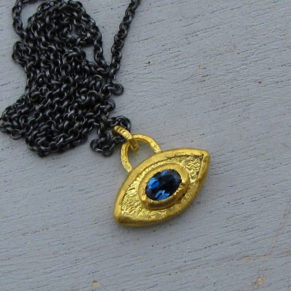 London Blue Topaz Evil Eye 24k gold pendant necklace