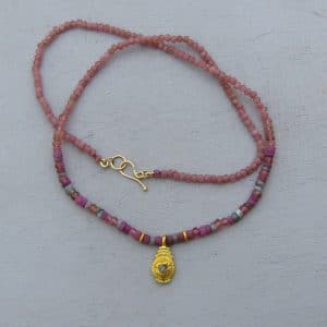 Pink Tourmaline and Rough Diamond 24k gold necklace