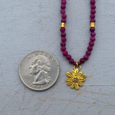 Ruby and Rough Diamond 24k gold flower necklace