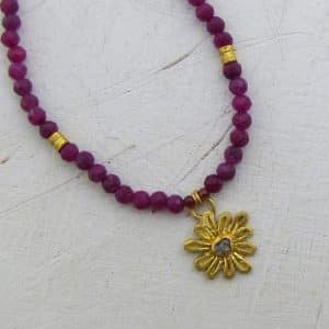 Ruby and Rough Diamond 24k gold flower necklace