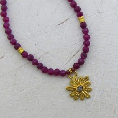 Ruby and Rough Diamond 24k gold flower necklace