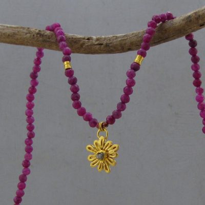 Ruby and Rough Diamond 24k gold flower necklace