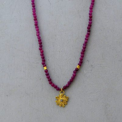 Ruby and Rough Diamond 24k gold flower necklace