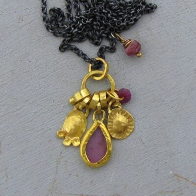 Pink Quartz 22k gold charms necklace