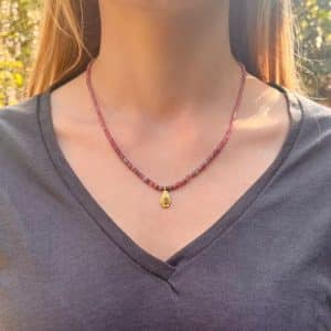 Pink Tourmaline and Rough Diamond 24k gold necklace
