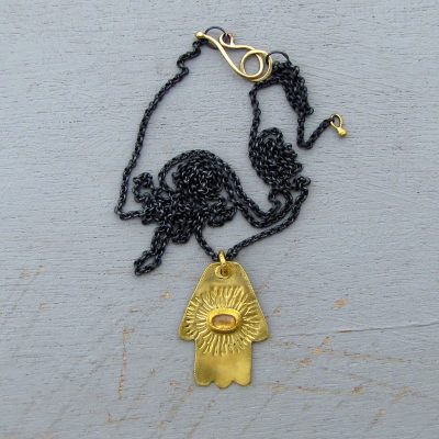 Yellow Sapphire 22k gold Hamsa pendant necklace