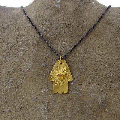 Yellow Sapphire 22k gold Hamsa pendant necklace
